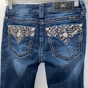 Miss‎ Me Dark Wash Signature Skinny Distressed Shiny Stitched Jeans 25